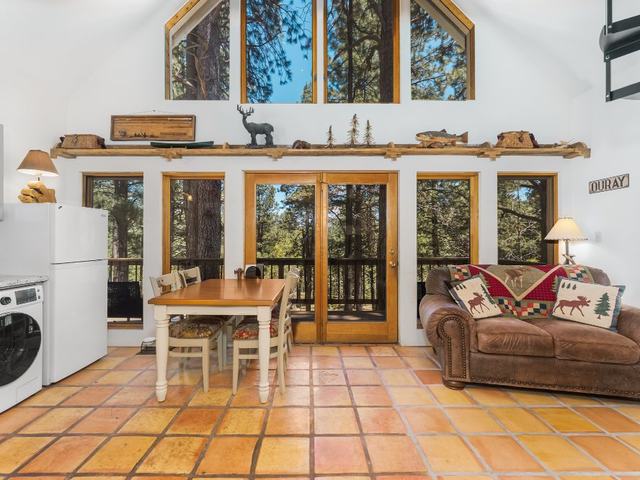 Deer Trail's living room with tall windows into the pines