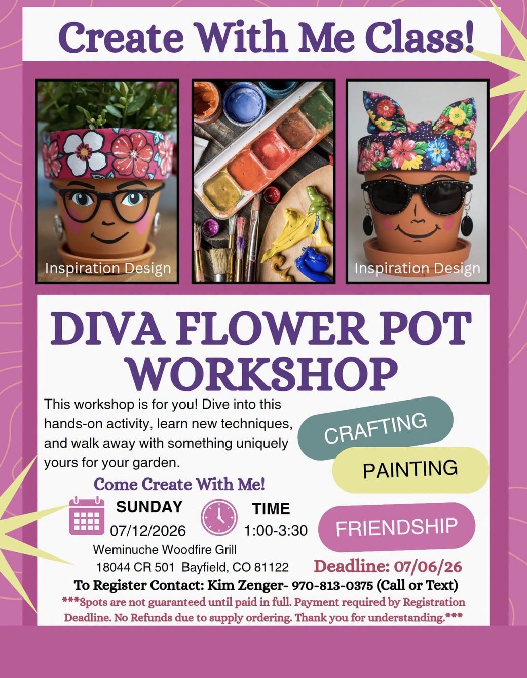 Diva Flower Pot Workshop flyer — Sunday July 12, 2026, 1–3:30 p.m., Weminuche Woodfire Grill