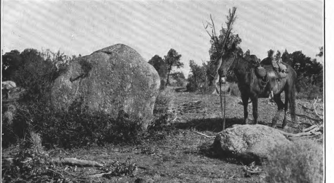 1932 black and white photograph in open sagebrush country near Ignacio: a rounded boulder roughly as tall as the saddled horse standing behind it, with a second, lower boulder in the right foreground. Scattered piñon and juniper along the skyline.