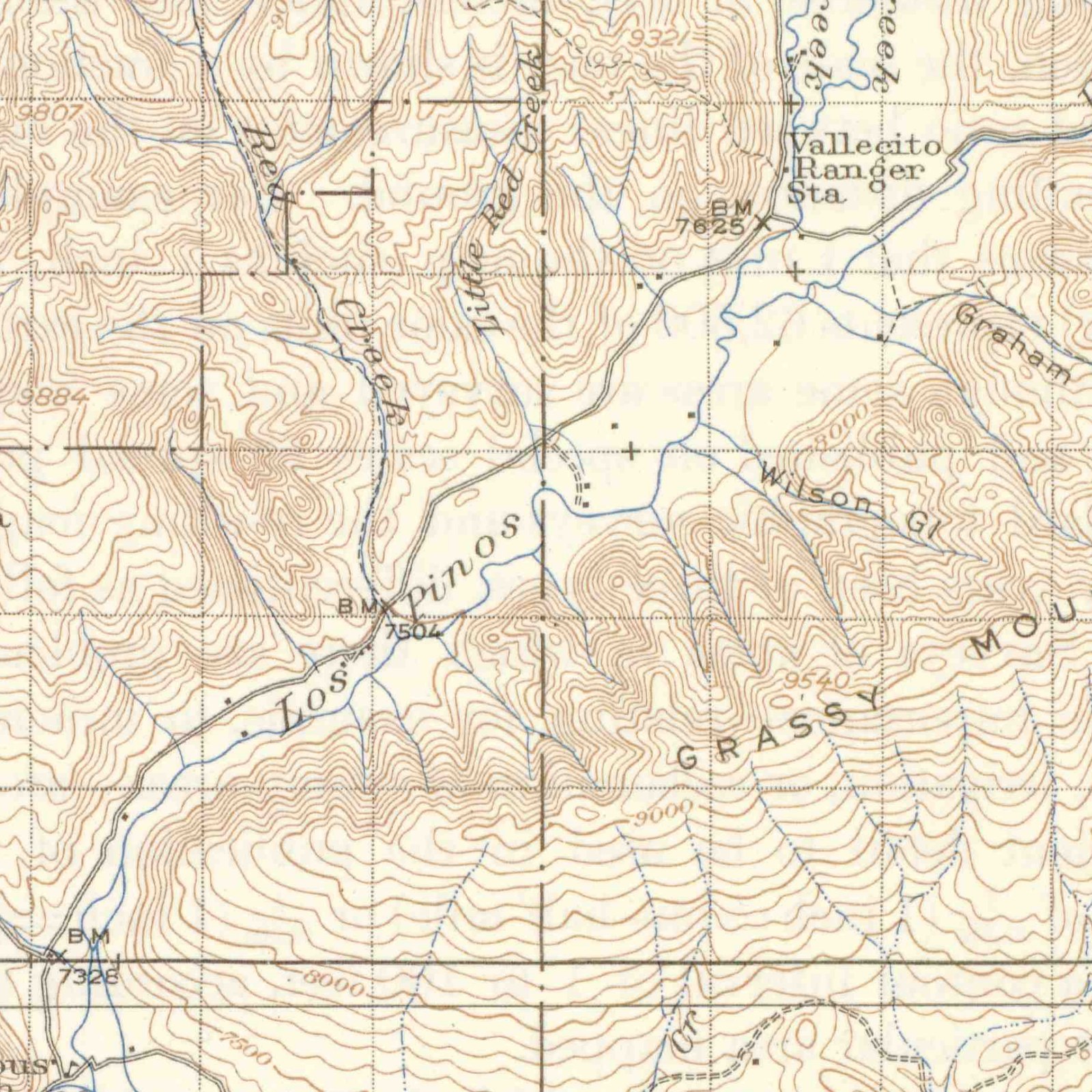 Detail of the 1939 USGS Ignacio quadrangle showing the Los Pinos River valley before Vallecito Reservoir, with the Vallecito Ranger Station, benchmarks, the wagon road and scattered buildings